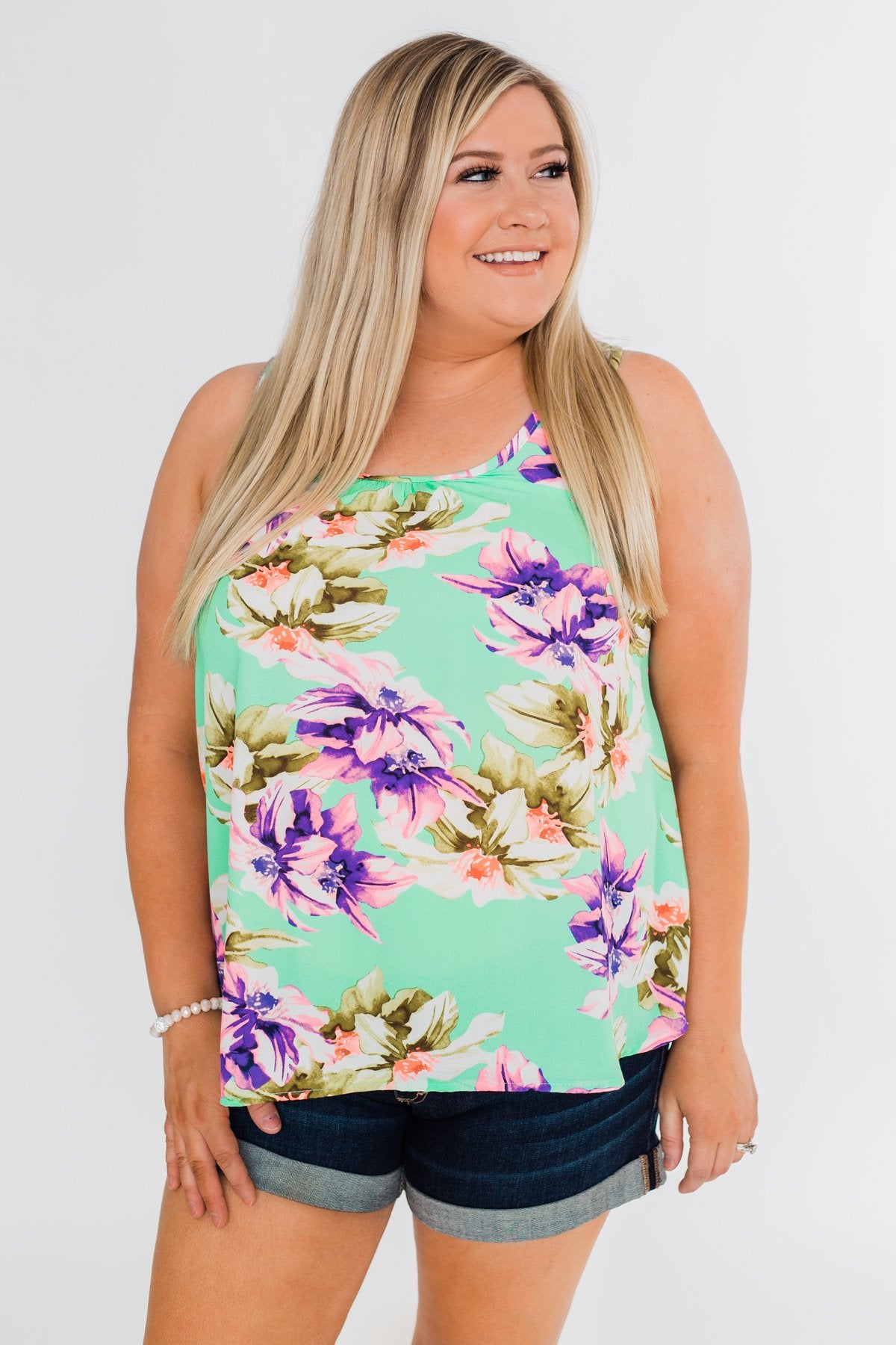 Another Day in Paradise Floral Tank Top- Bright Mint