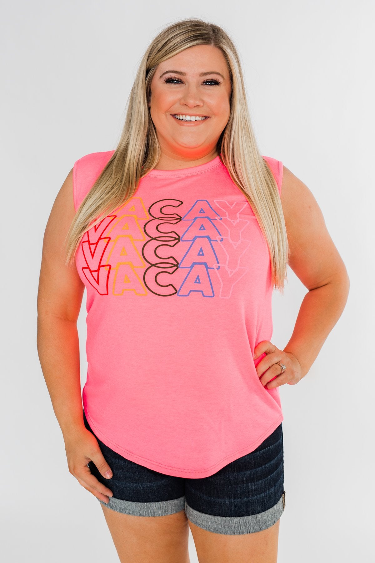 "Vacay" Graphic Tank Top- Neon Pink