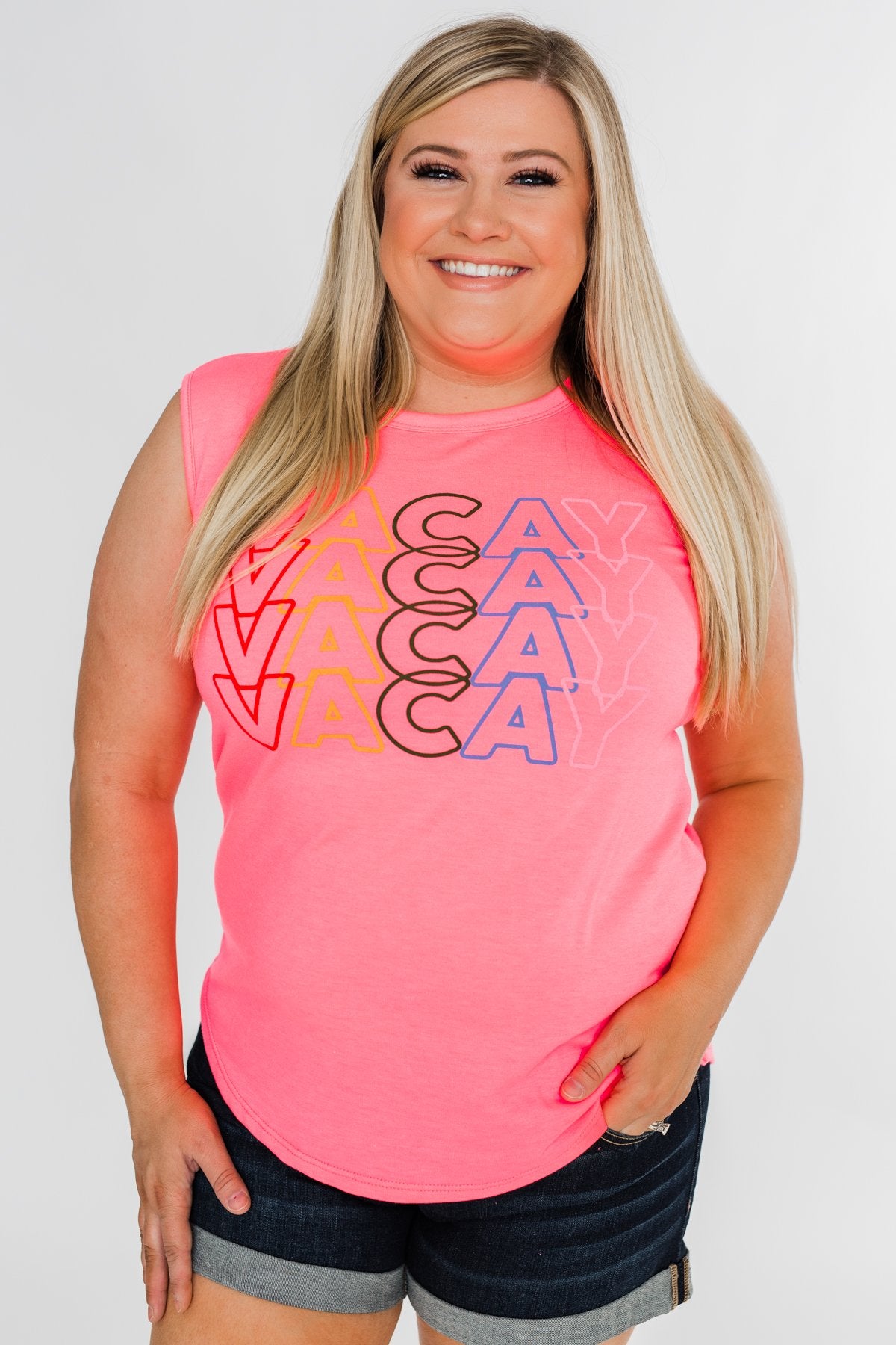 "Vacay" Graphic Tank Top- Neon Pink