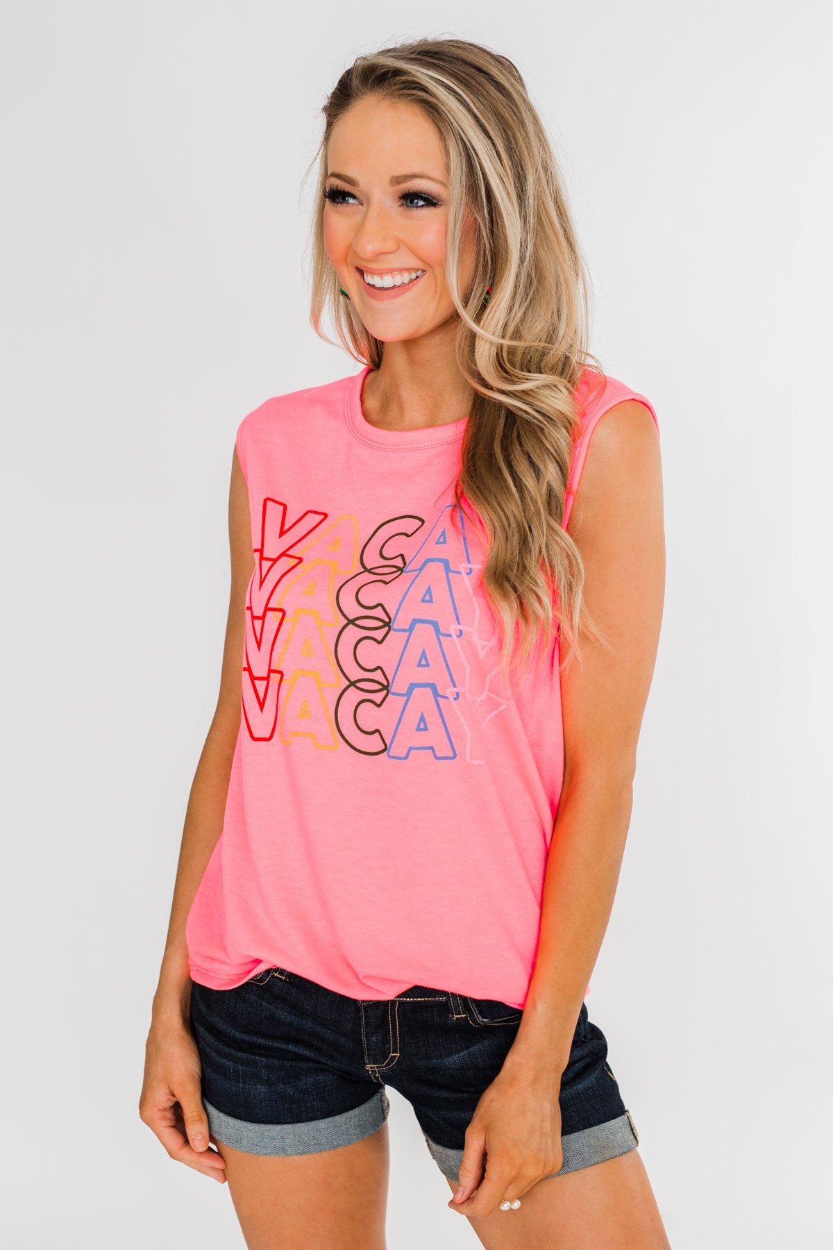"Vacay" Graphic Tank Top- Neon Pink
