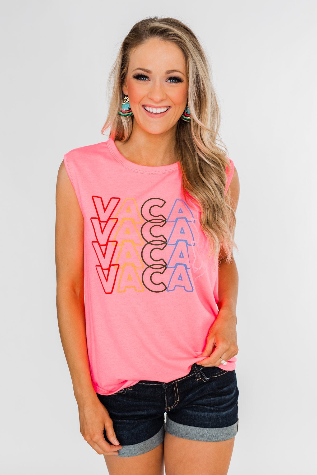 "Vacay" Graphic Tank Top- Neon Pink