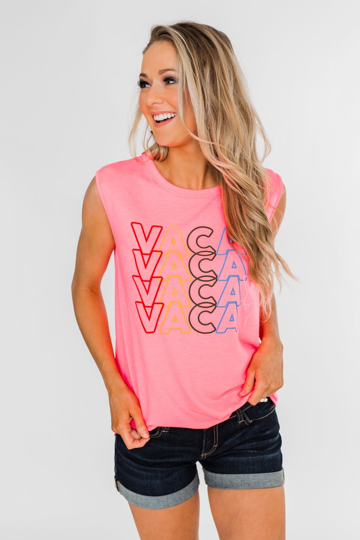 "Vacay" Graphic Tank Top- Neon Pink