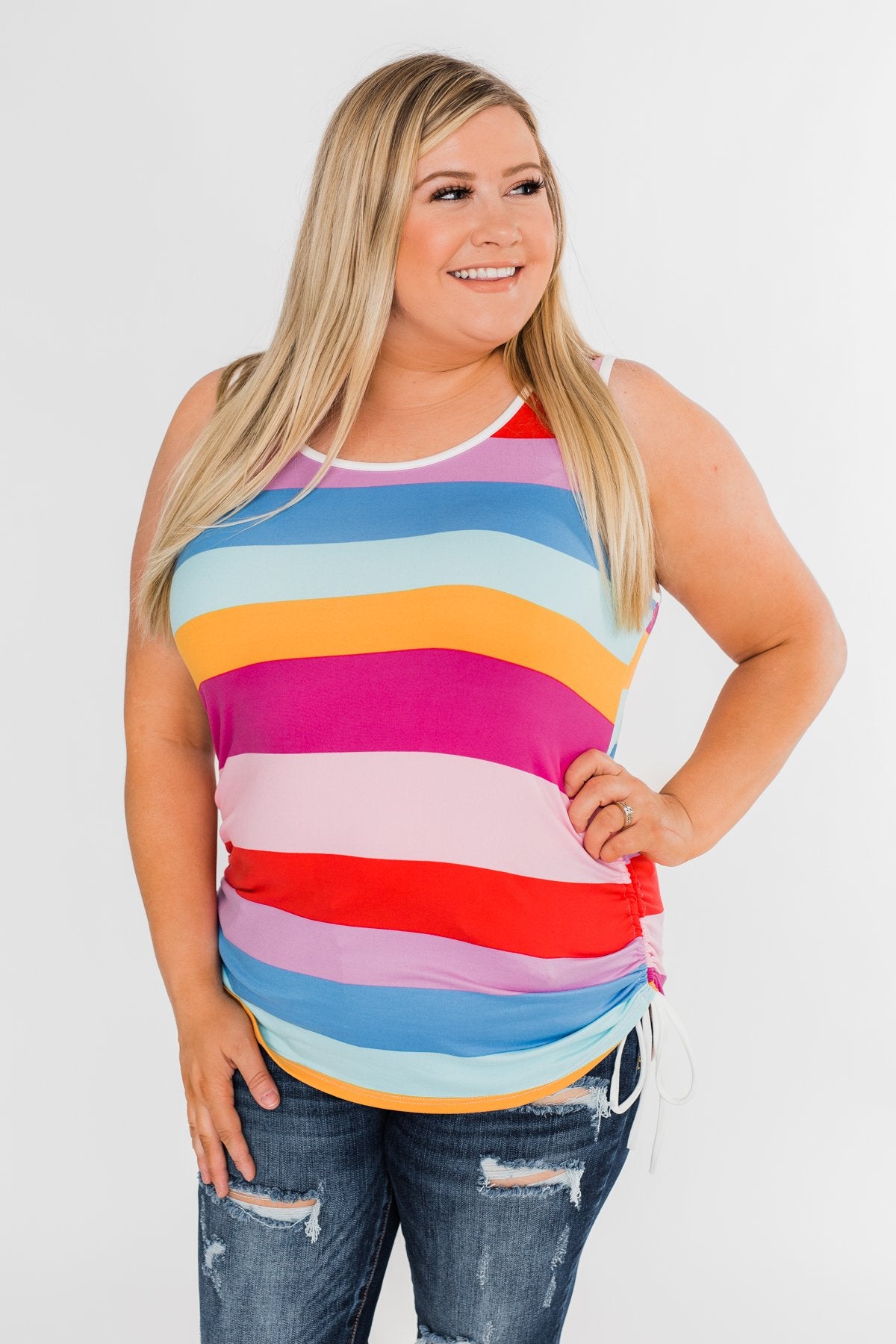Cinch Waist Striped Tank Top- Multi-Color
