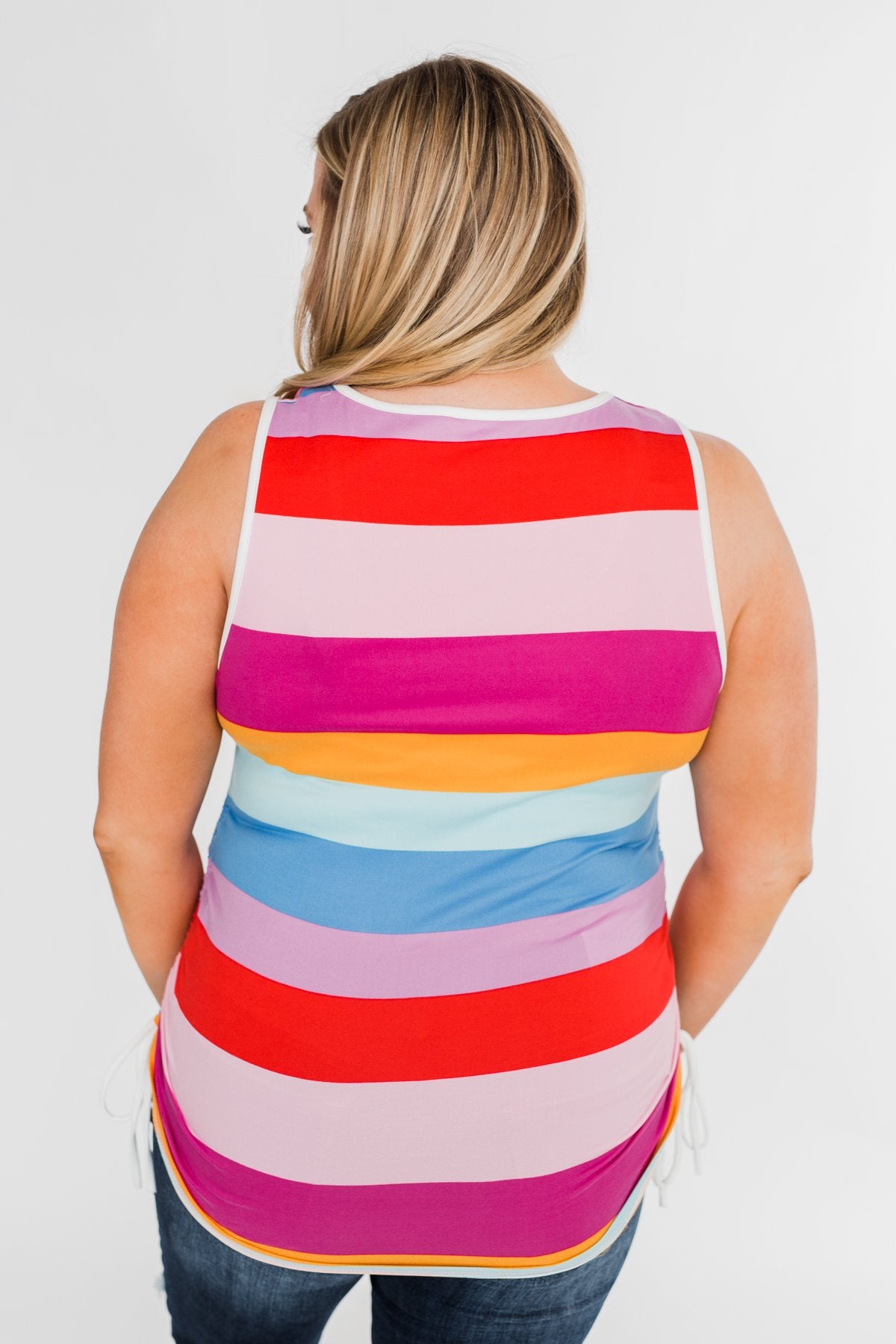 Cinch Waist Striped Tank Top- Multi-Color