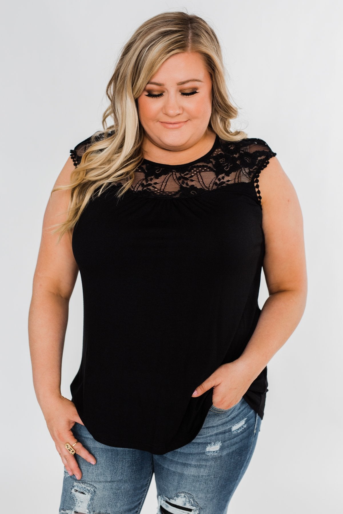 Won't Let You Go Lace Detail Top- Black