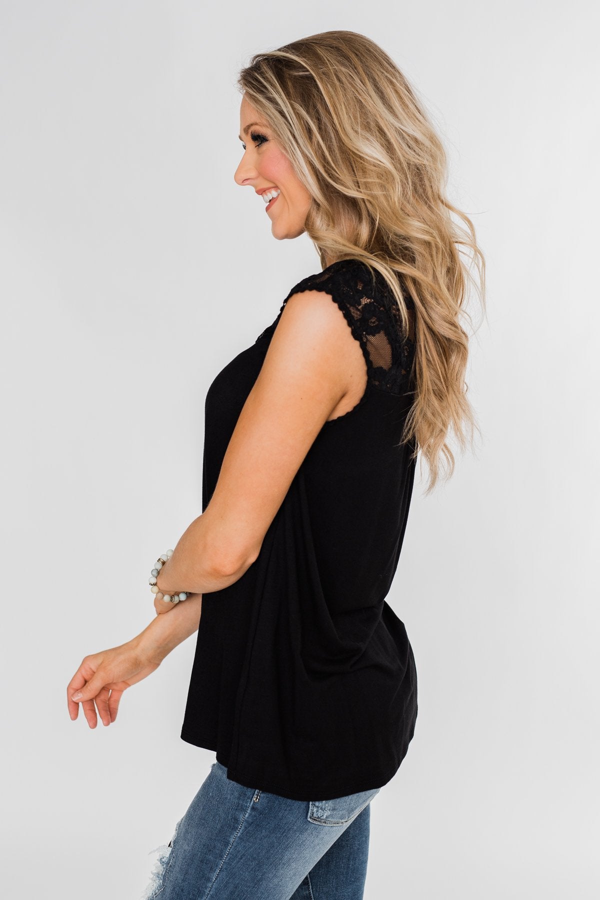 Won't Let You Go Lace Detail Top- Black