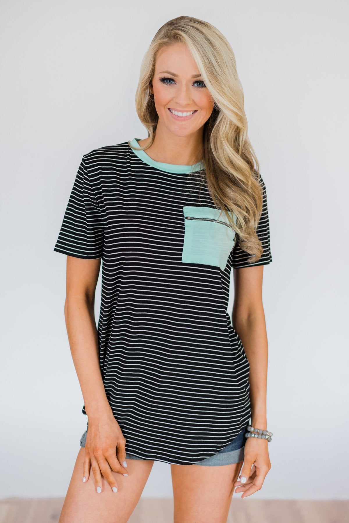 Move to the Beat Striped Pocket Top- Mint