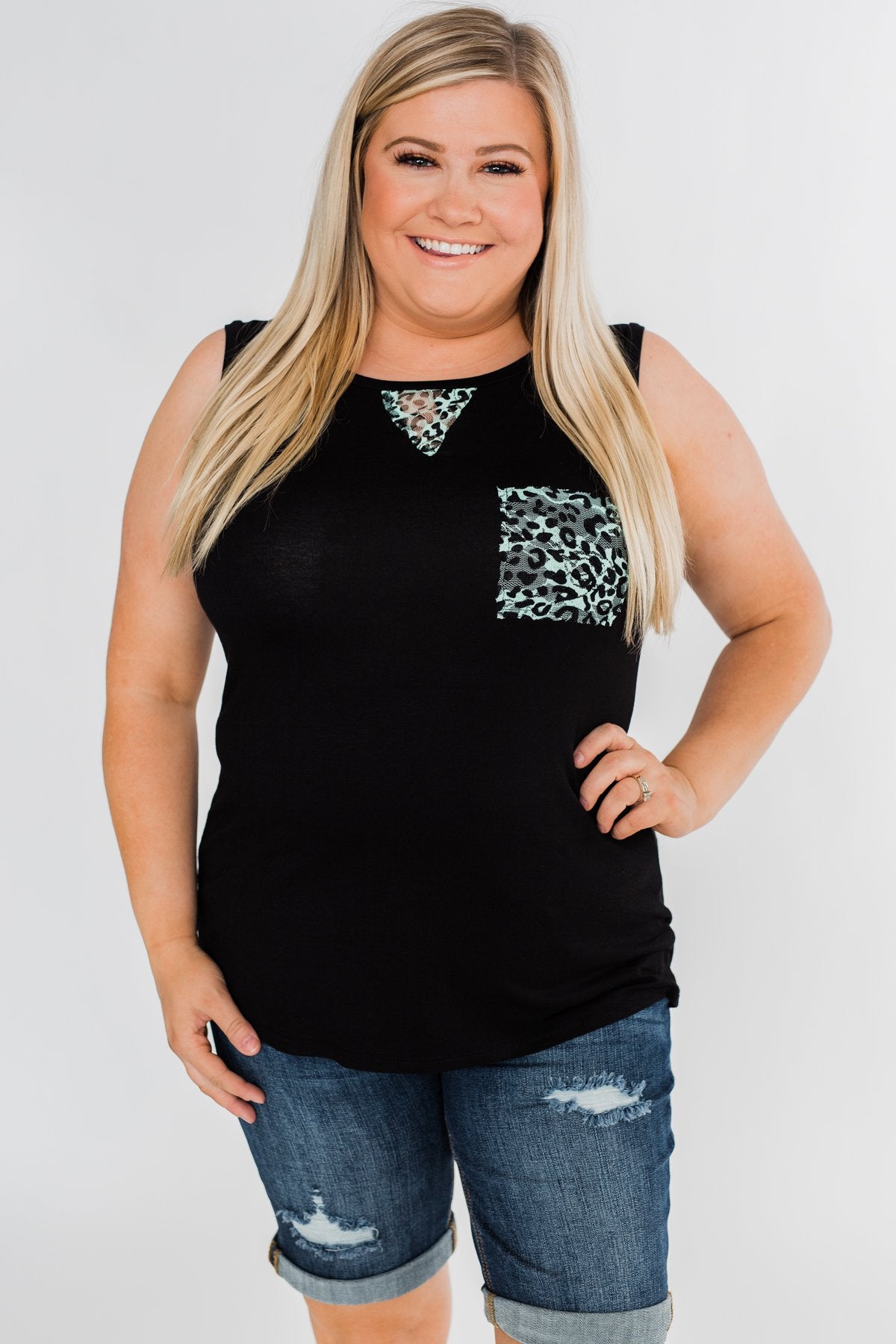 Leopard Lace Back Pocket Tank- Mint