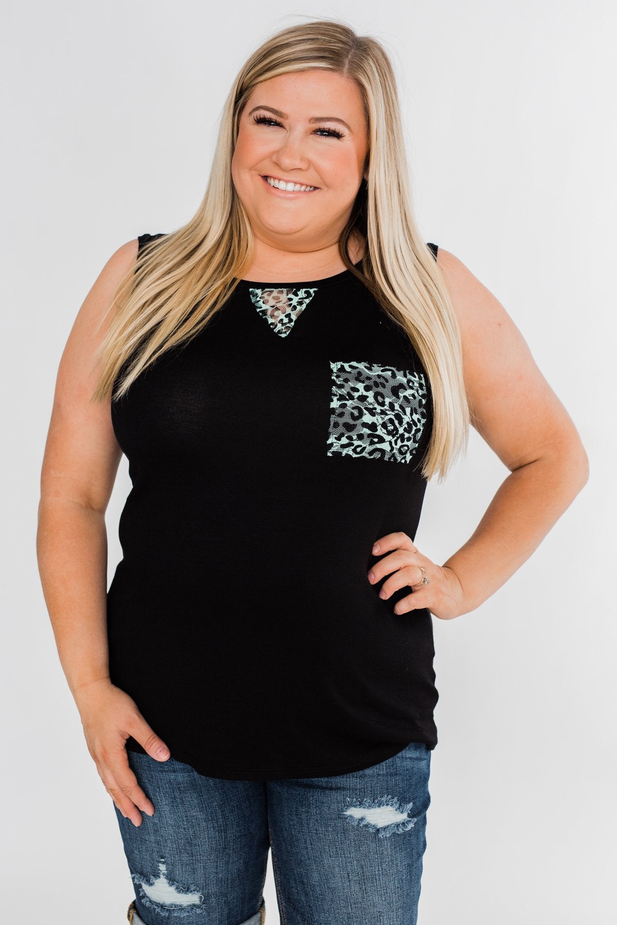 Leopard Lace Back Pocket Tank- Mint