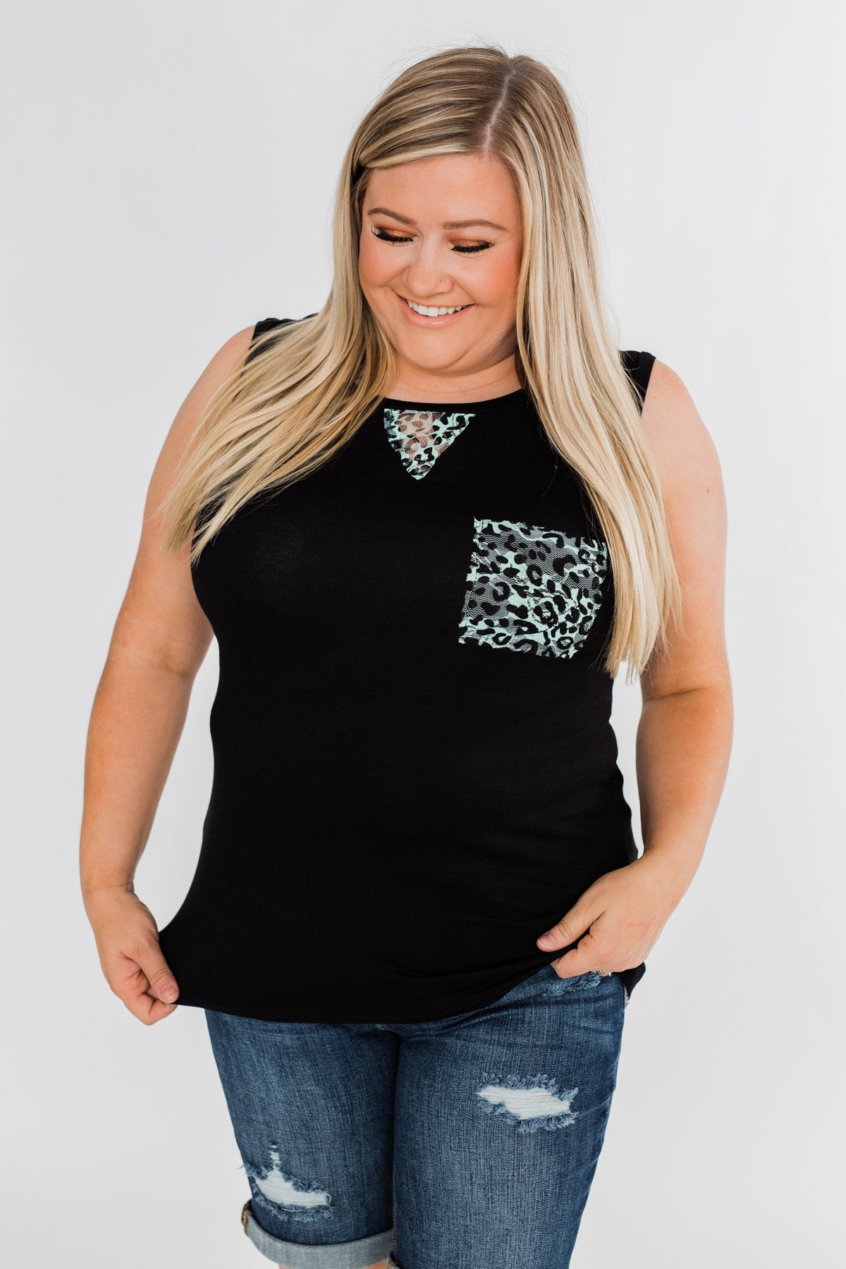 Leopard Lace Back Pocket Tank- Mint