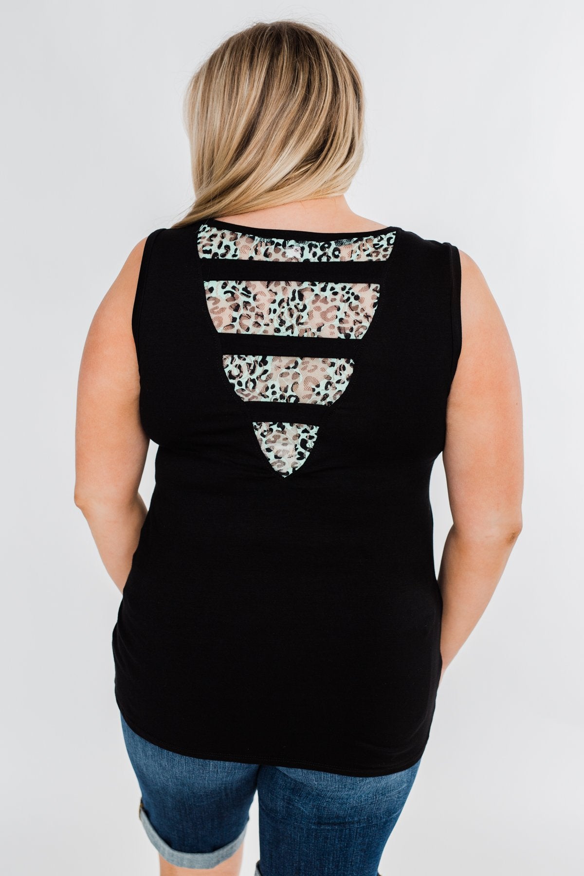Leopard Lace Back Pocket Tank- Mint