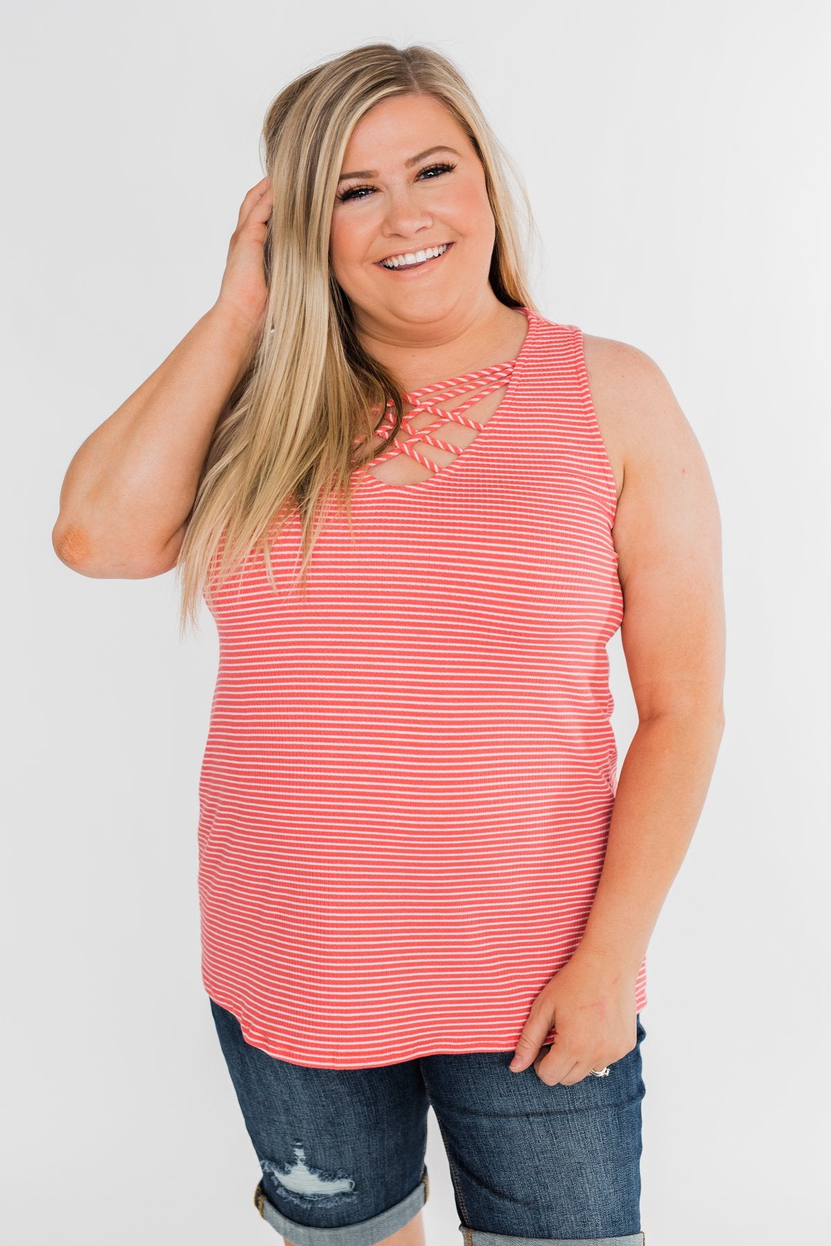 Mirage Criss Cross Tank Top- Pink & White