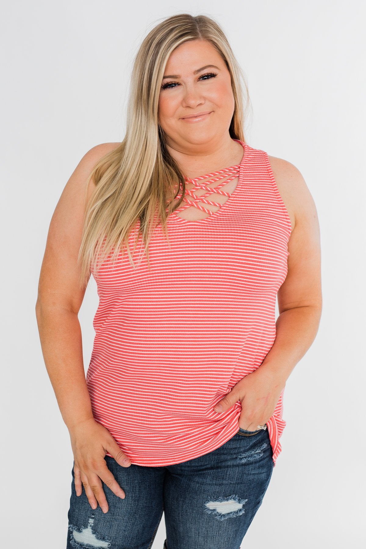 Mirage Criss Cross Tank Top- Pink & White