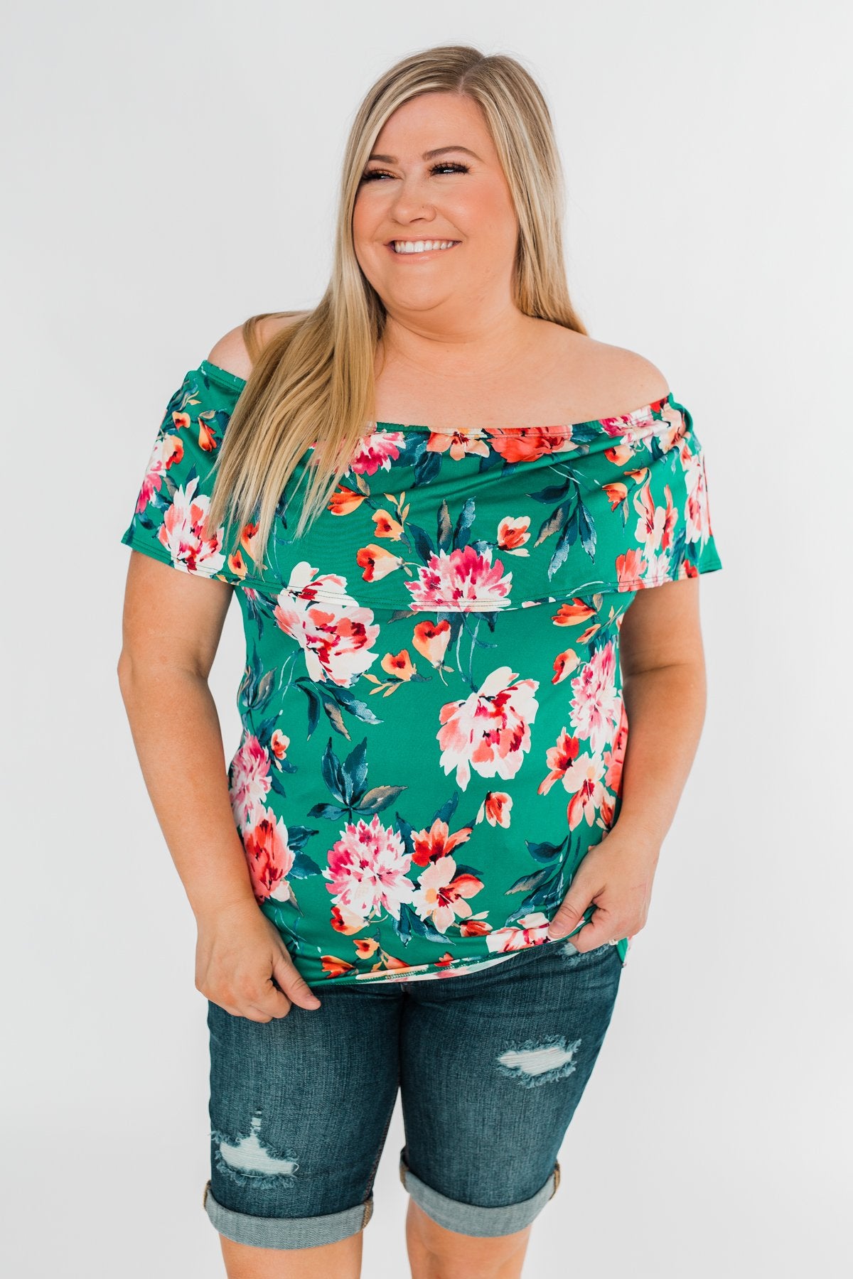 Tropical Oasis Off The Shoulder Floral Top- Green