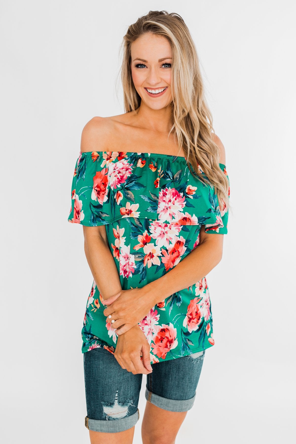 Tropical Oasis Off The Shoulder Floral Top- Green