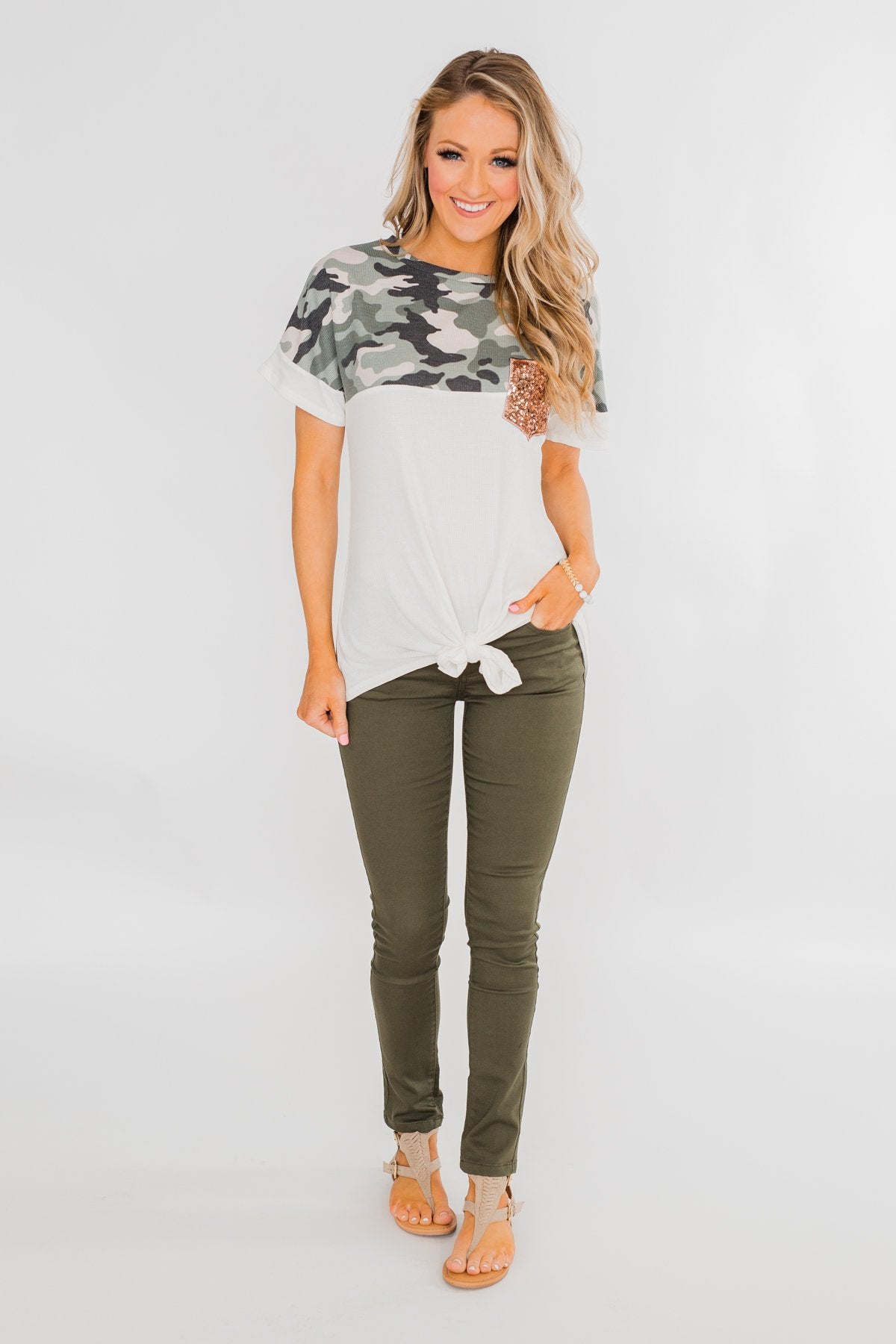 Something Special Camo Color Block Top- Ivory