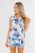 Summer Vacation Floral Babydoll Tank- Ivory & Blue