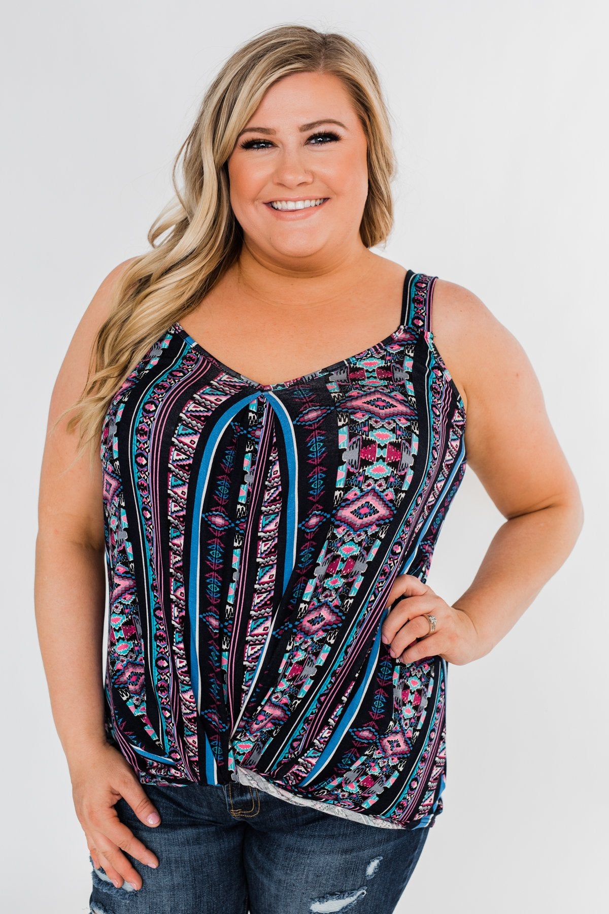 Set on You Aztec Twist Tank Top- Dark Navy & Pink