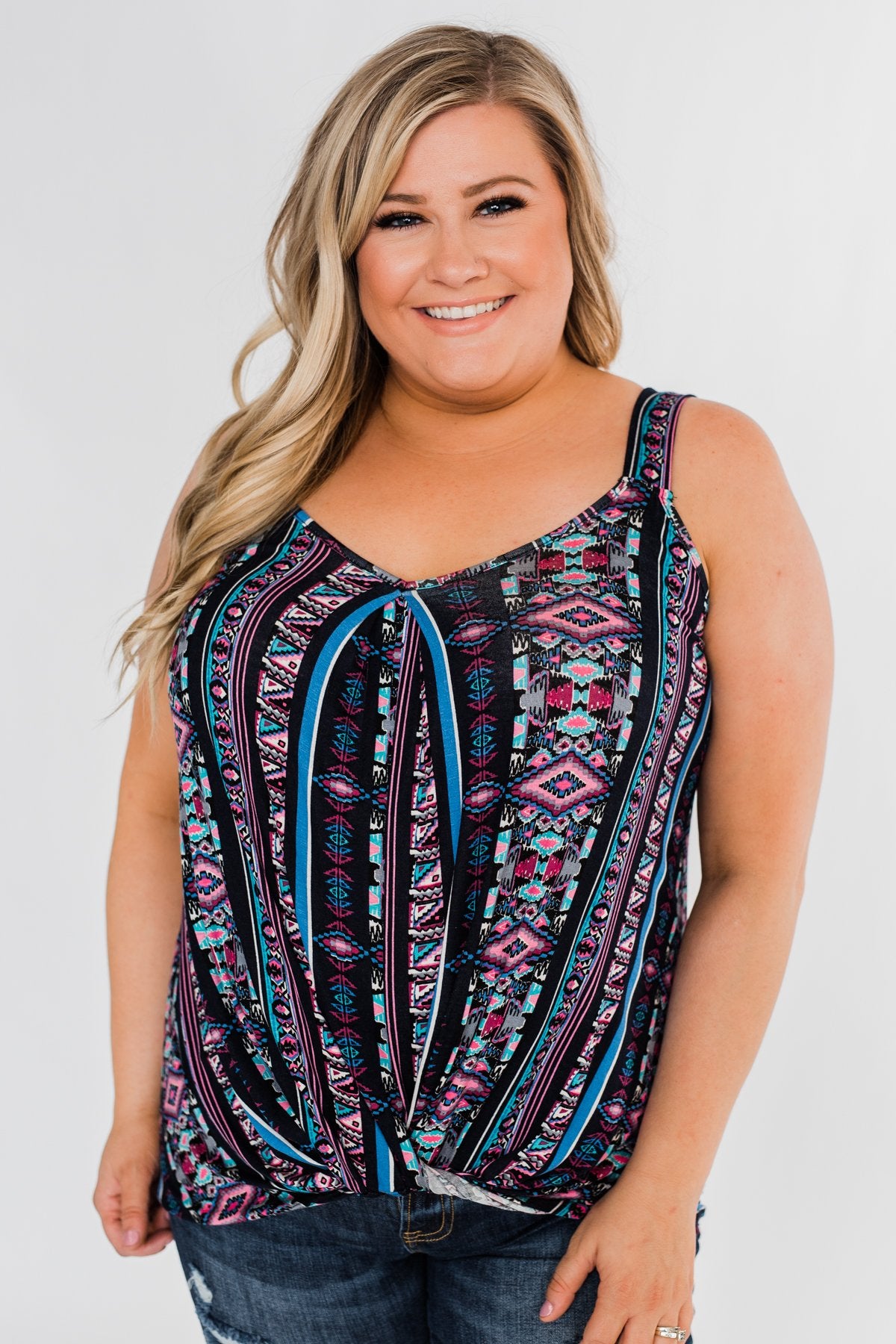 Set on You Aztec Twist Tank Top- Dark Navy & Pink