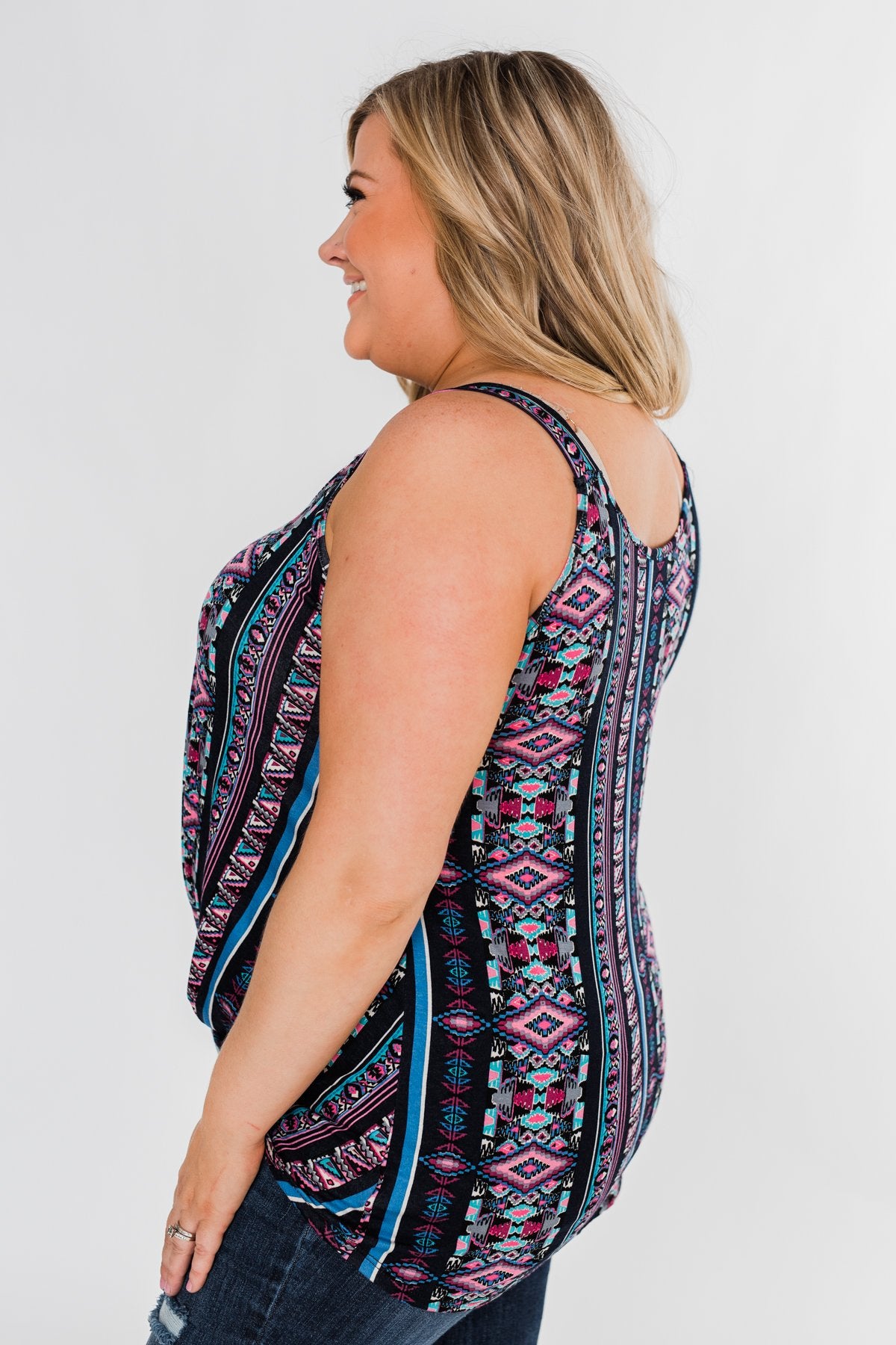 Set on You Aztec Twist Tank Top- Dark Navy & Pink