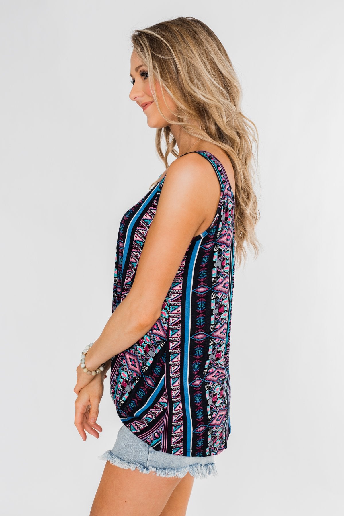 Set on You Aztec Twist Tank Top- Dark Navy & Pink