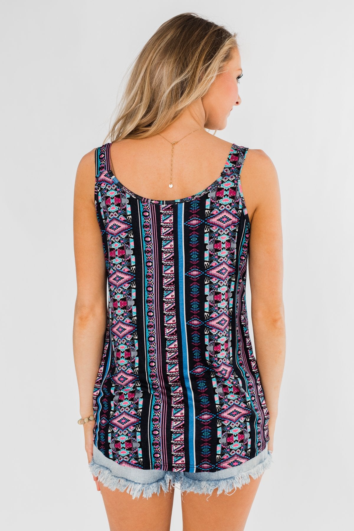 Set on You Aztec Twist Tank Top- Dark Navy & Pink