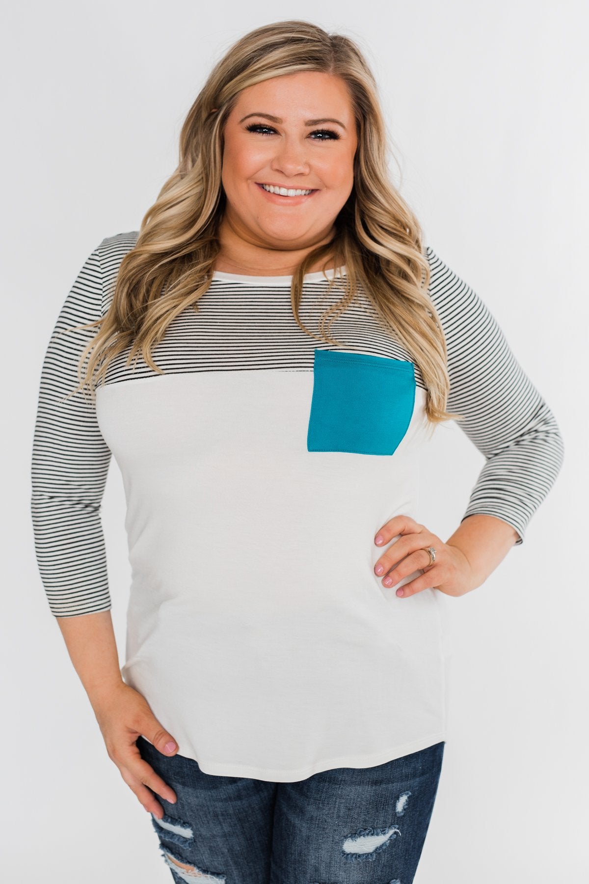 Striped 3/4 Sleeve Pocket Top- Teal
