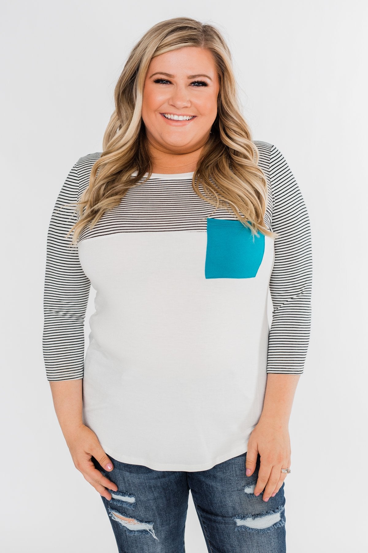 Striped 3/4 Sleeve Pocket Top- Teal