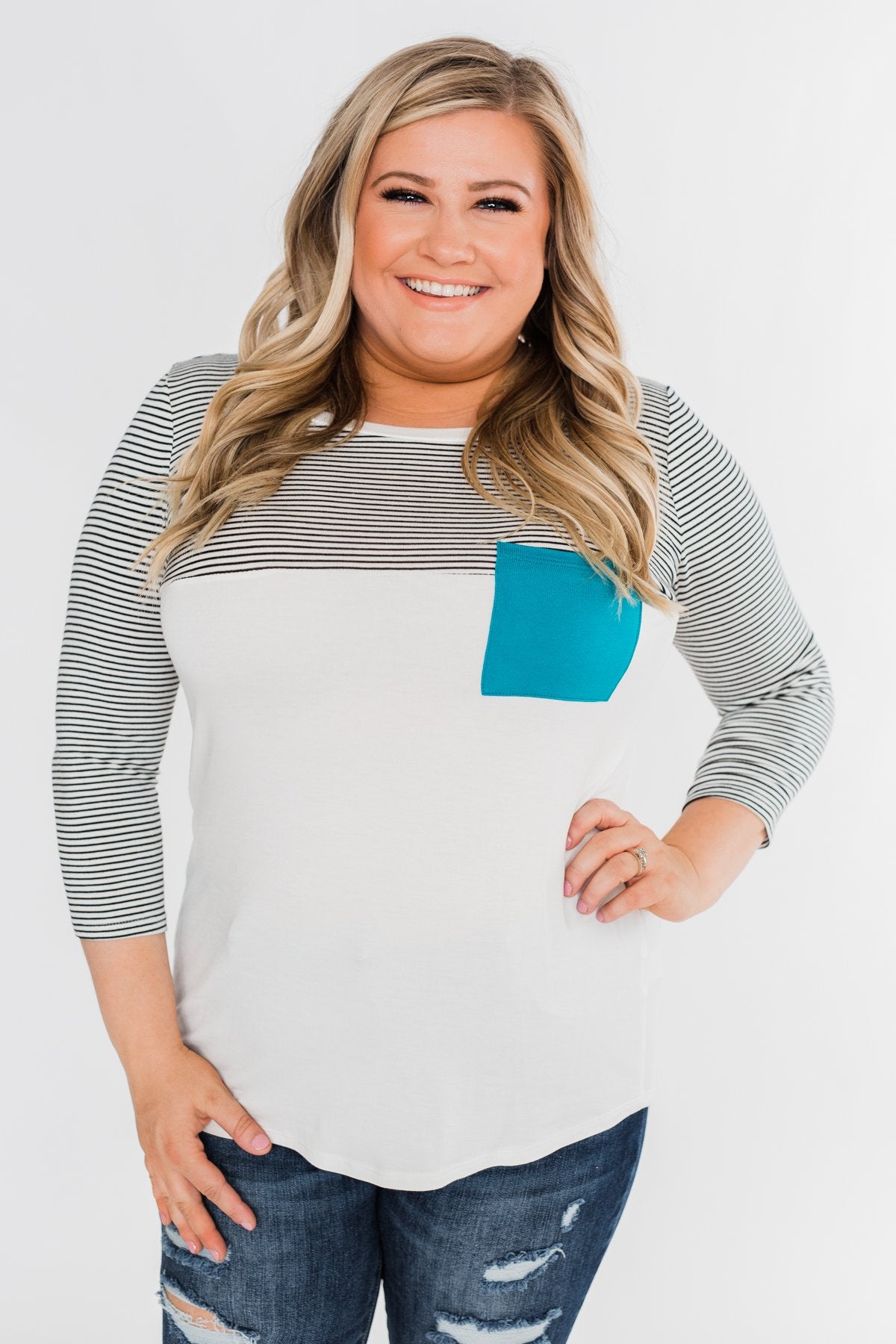 Striped 3/4 Sleeve Pocket Top- Teal
