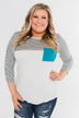 Striped 3/4 Sleeve Pocket Top- Teal