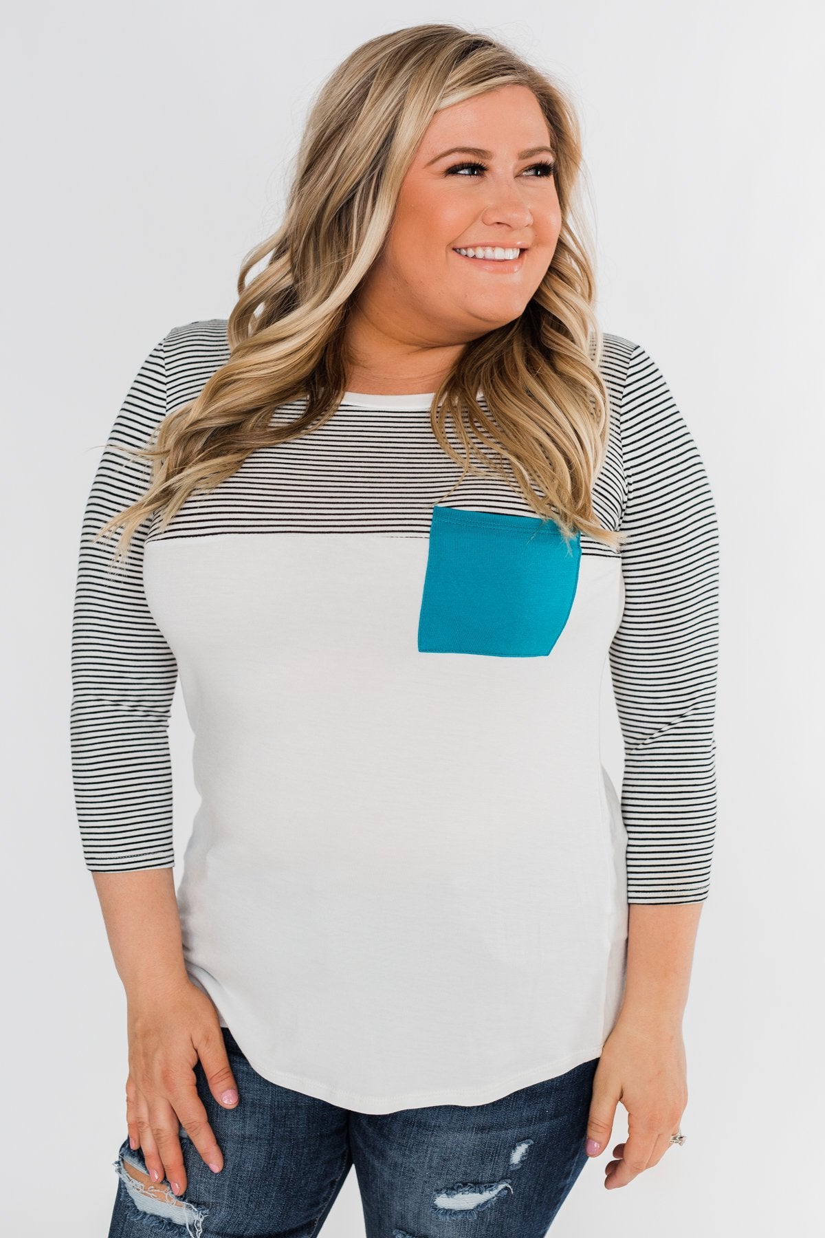 Striped 3/4 Sleeve Pocket Top- Teal