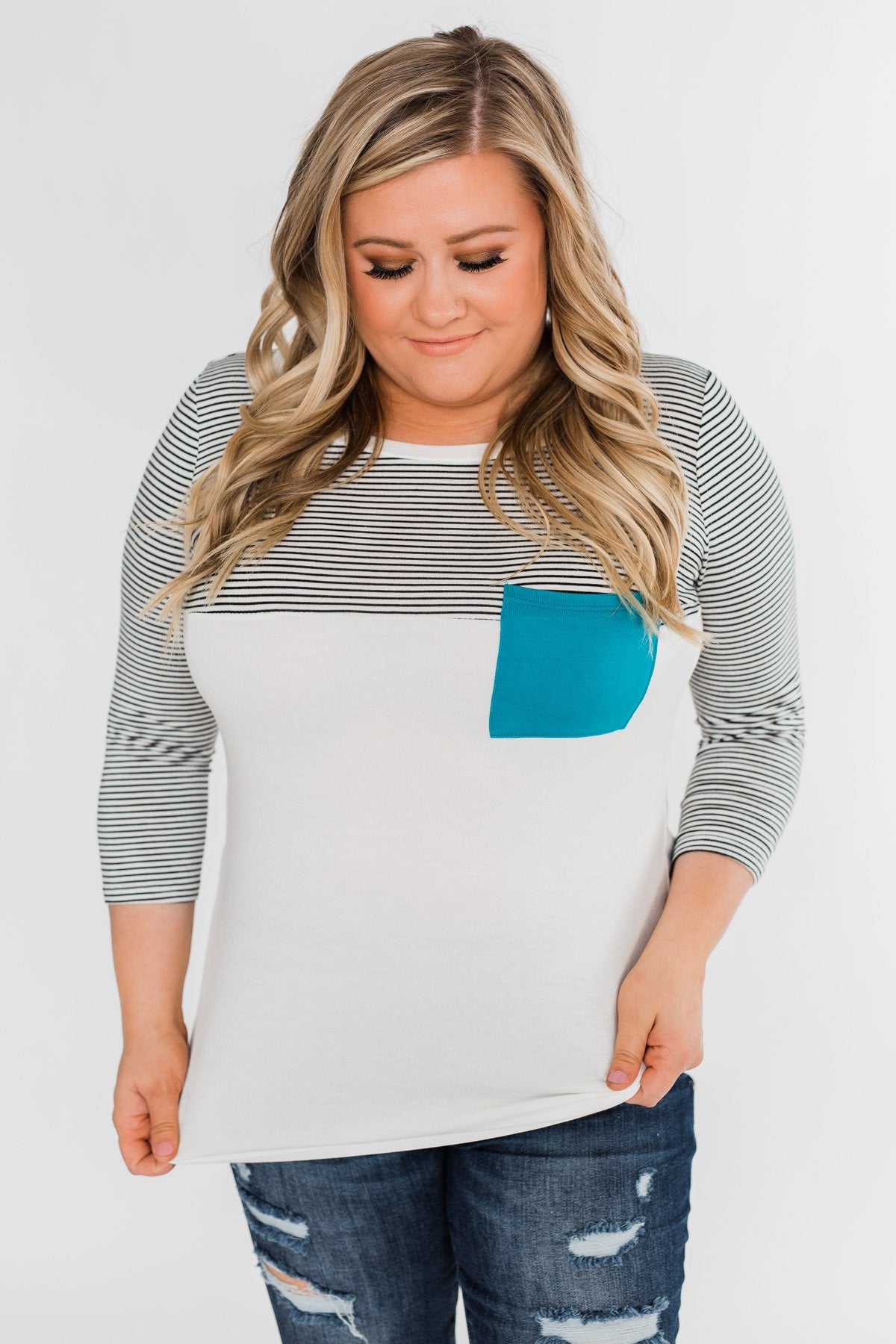 Striped 3/4 Sleeve Pocket Top- Teal