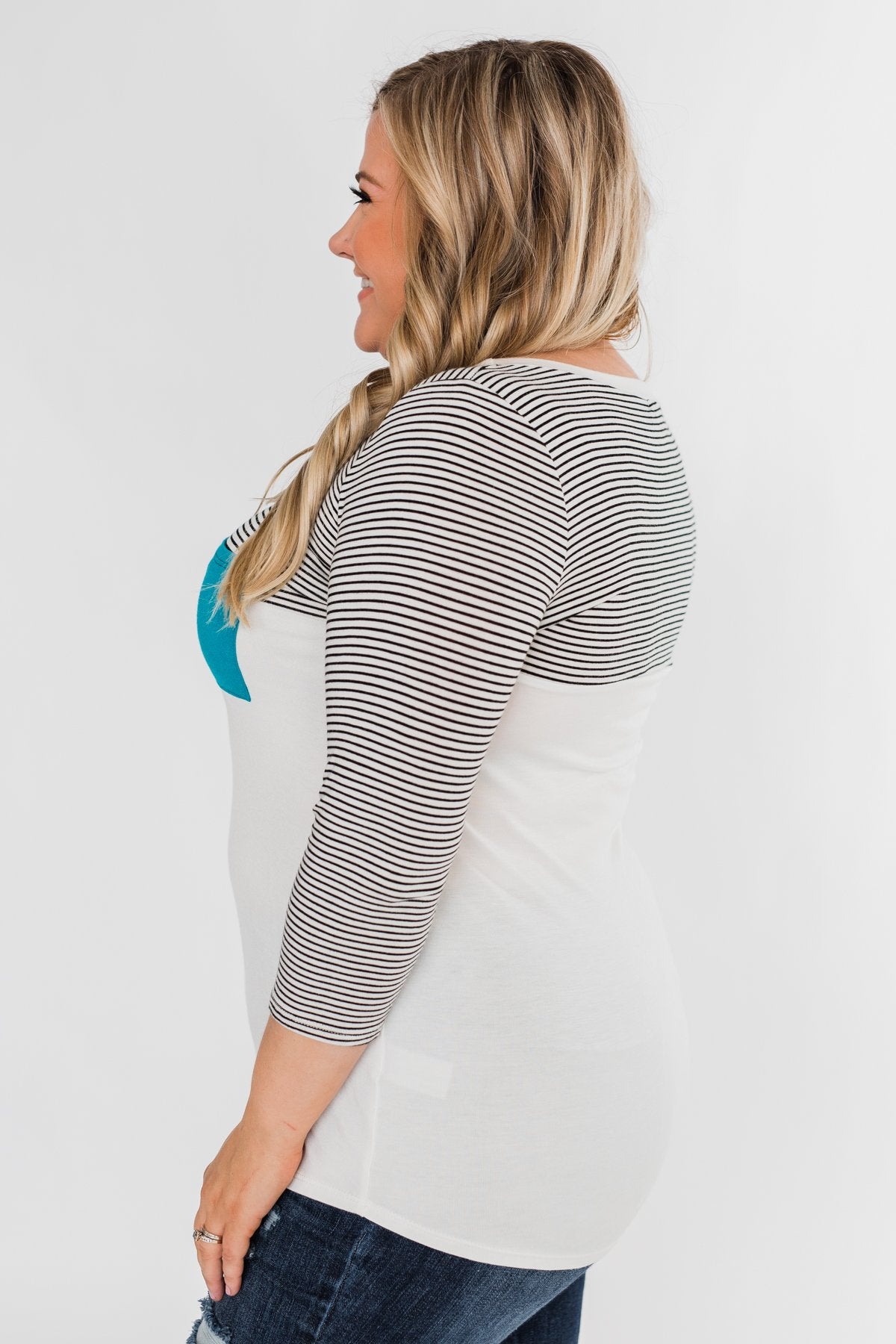 Striped 3/4 Sleeve Pocket Top- Teal