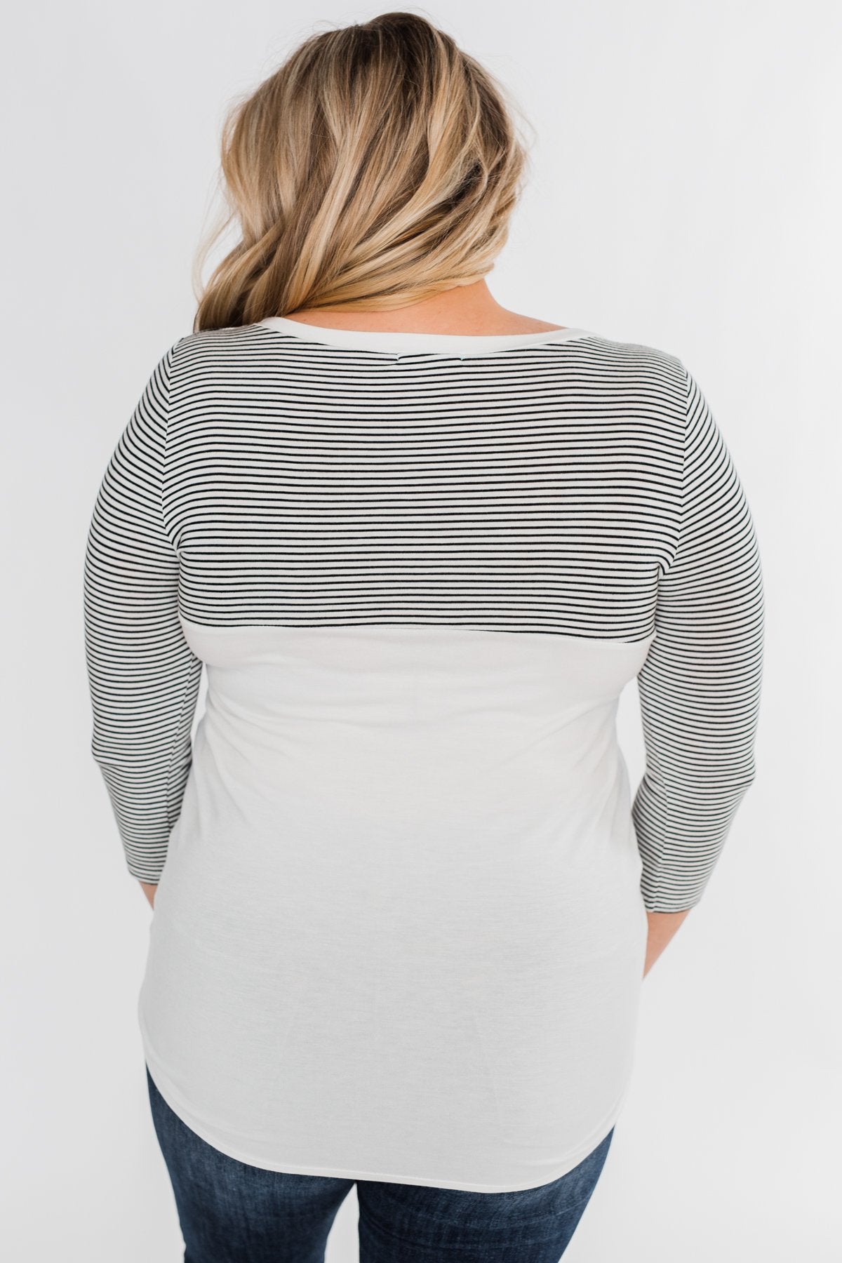 Striped 3/4 Sleeve Pocket Top- Teal