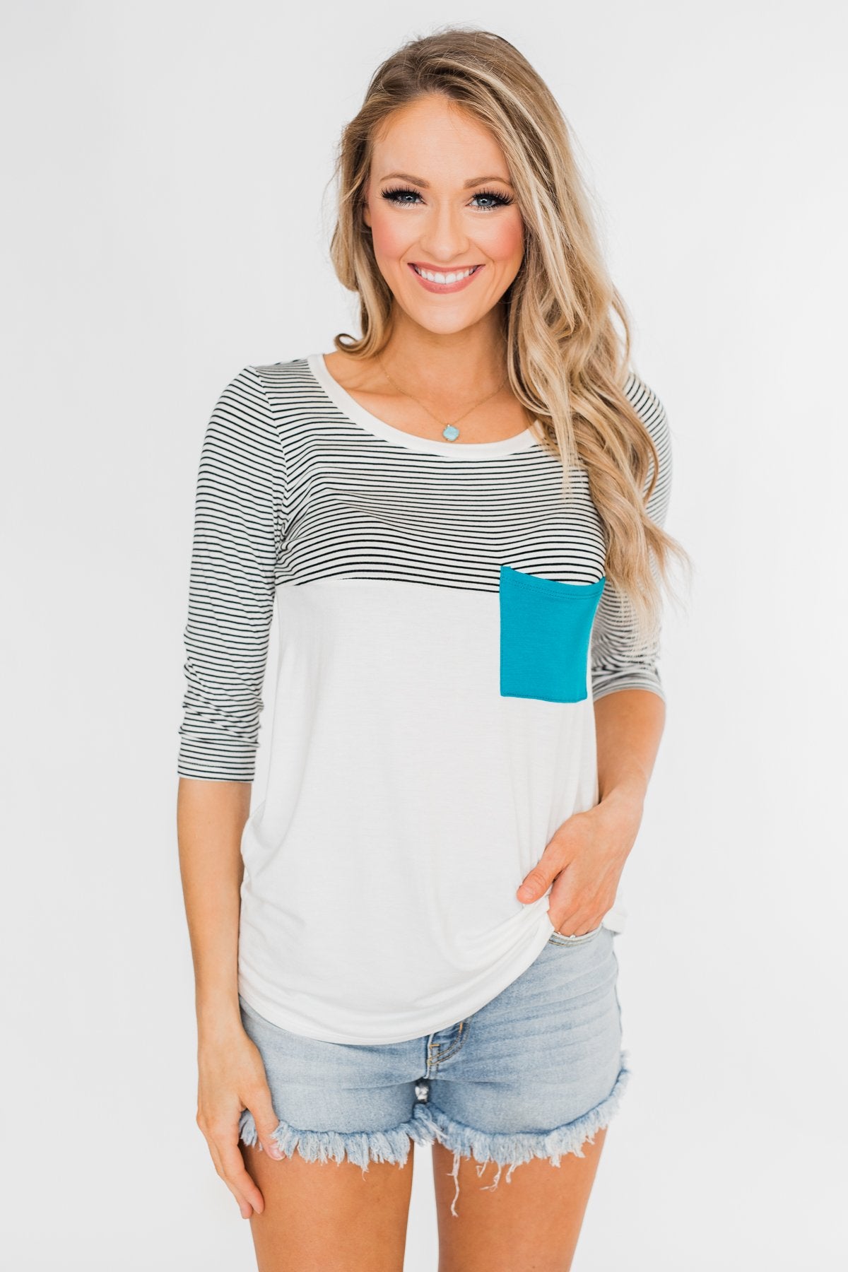 Striped 3/4 Sleeve Pocket Top- Teal