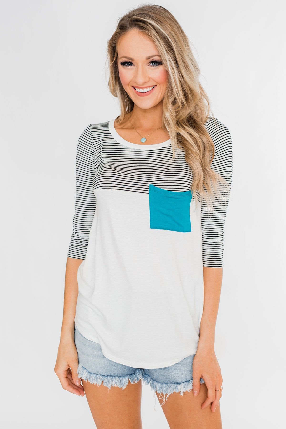 Striped 3/4 Sleeve Pocket Top- Teal