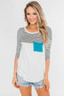 Striped 3/4 Sleeve Pocket Top- Teal