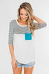 Striped 3/4 Sleeve Pocket Top- Teal