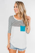Striped 3/4 Sleeve Pocket Top- Teal