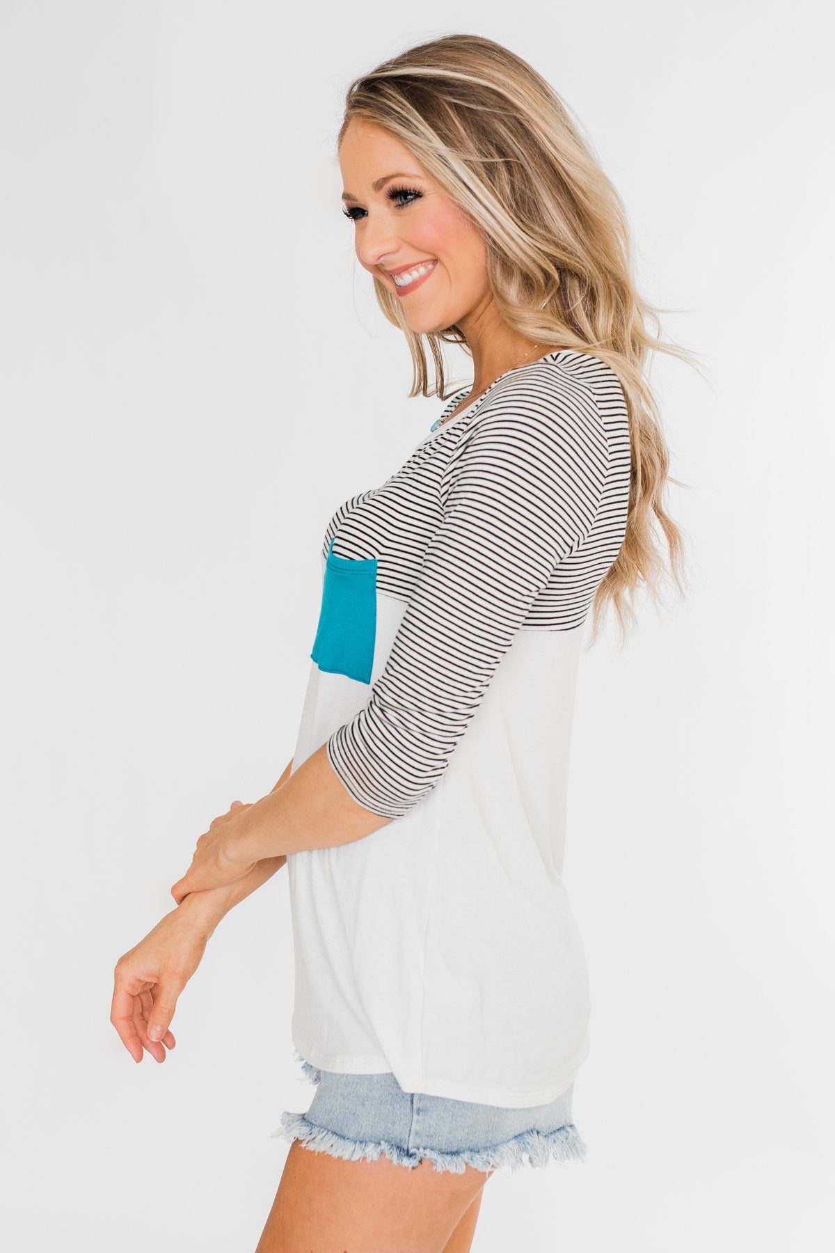Striped 3/4 Sleeve Pocket Top- Teal