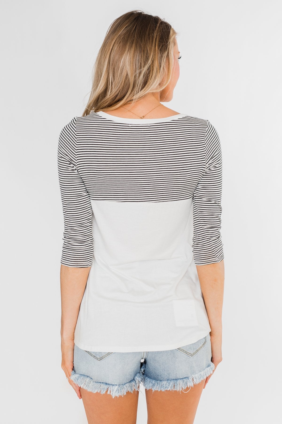 Striped 3/4 Sleeve Pocket Top- Teal