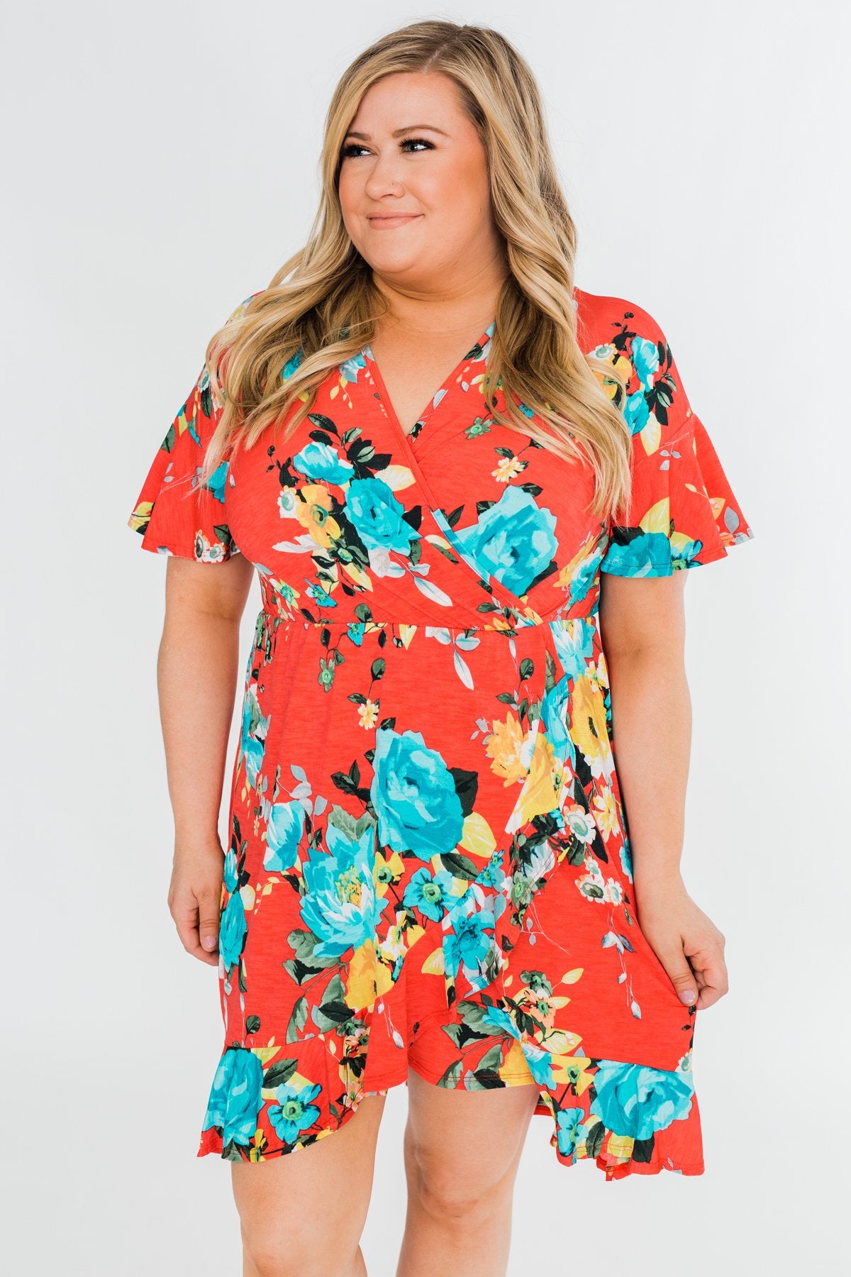 Time To Twirl Floral Ruffle & Wrap Dress- Deep Coral