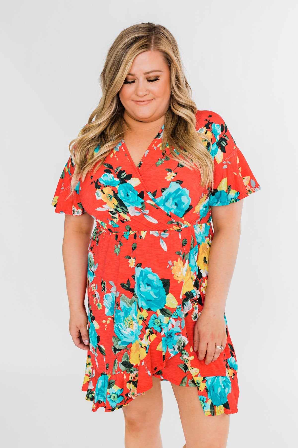 Time To Twirl Floral Ruffle & Wrap Dress- Deep Coral