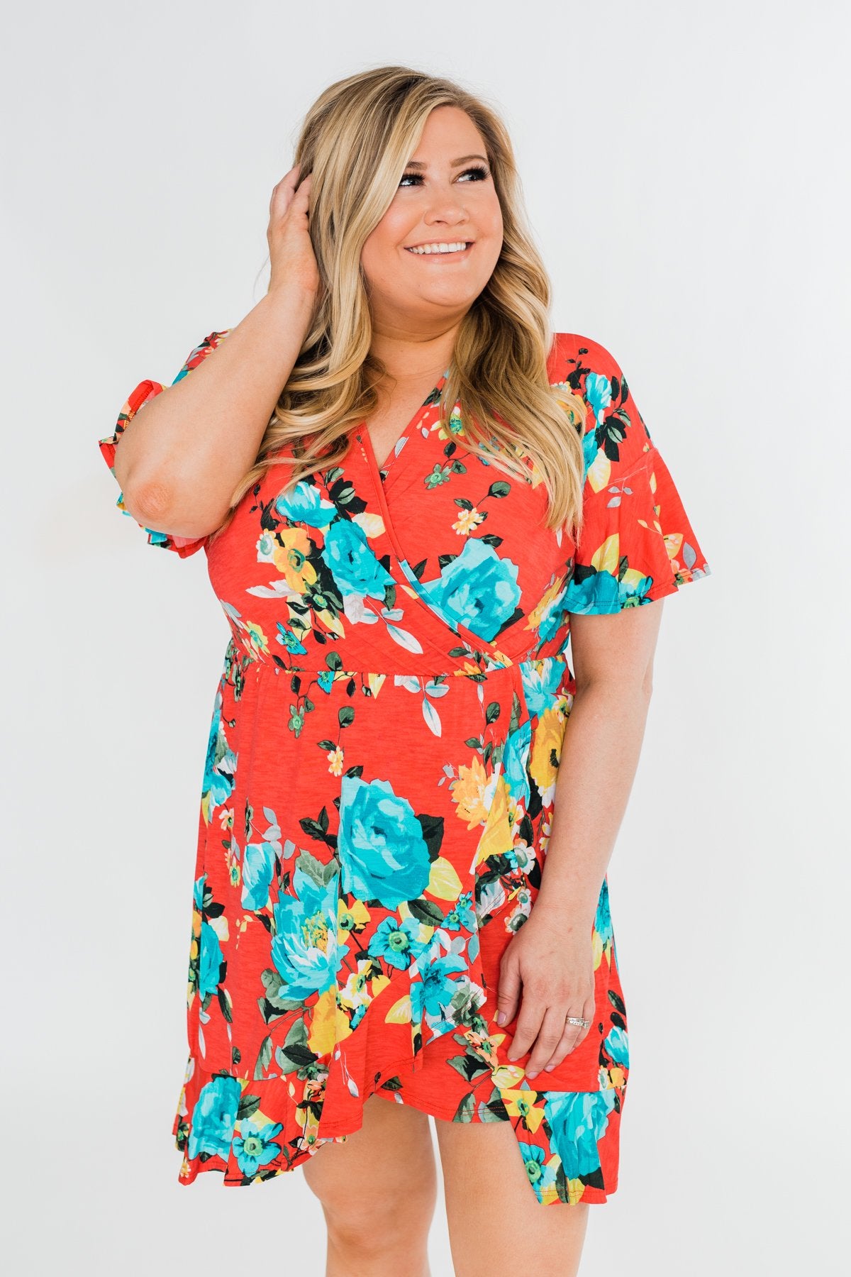 Time To Twirl Floral Ruffle & Wrap Dress- Deep Coral