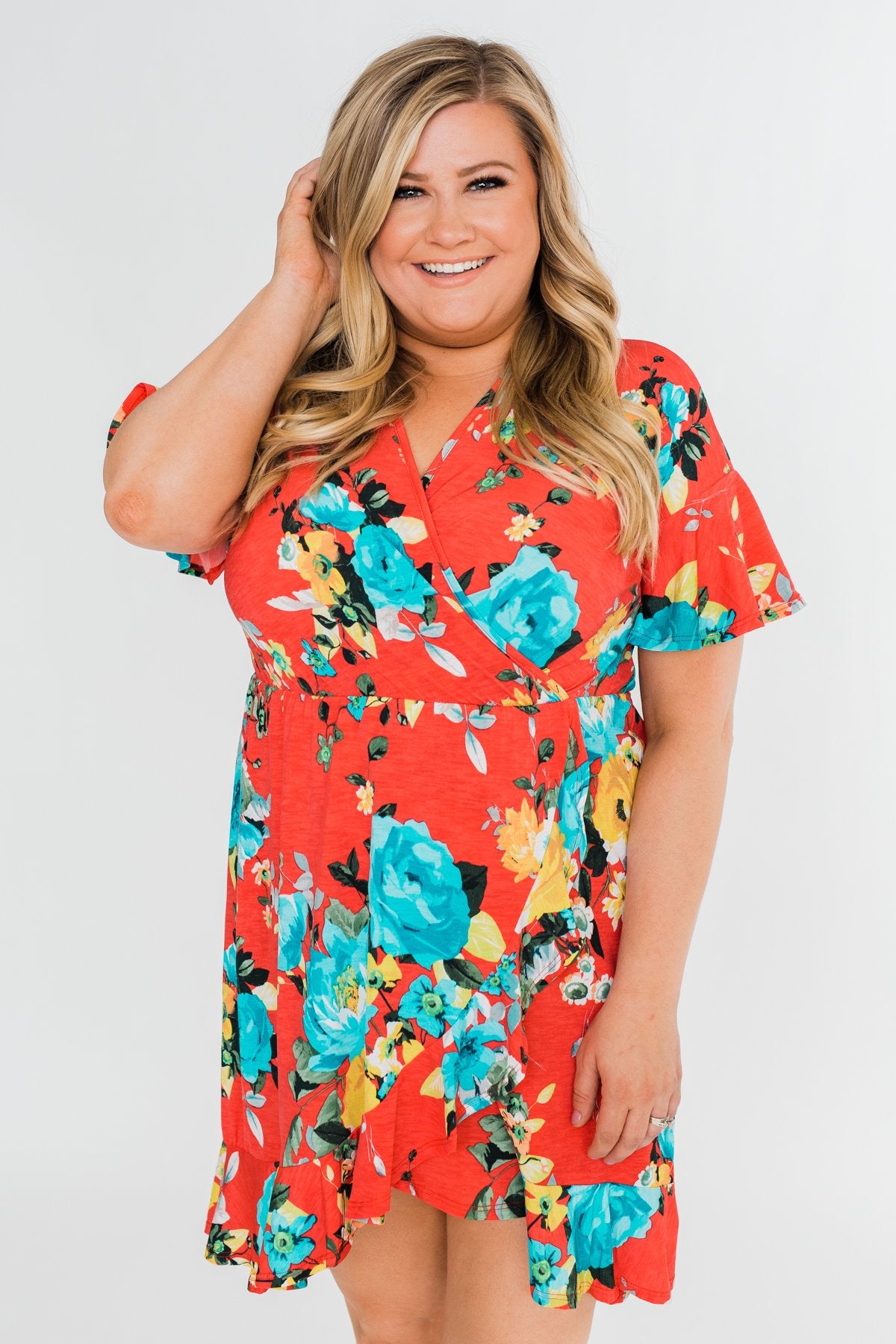 Time To Twirl Floral Ruffle & Wrap Dress- Deep Coral
