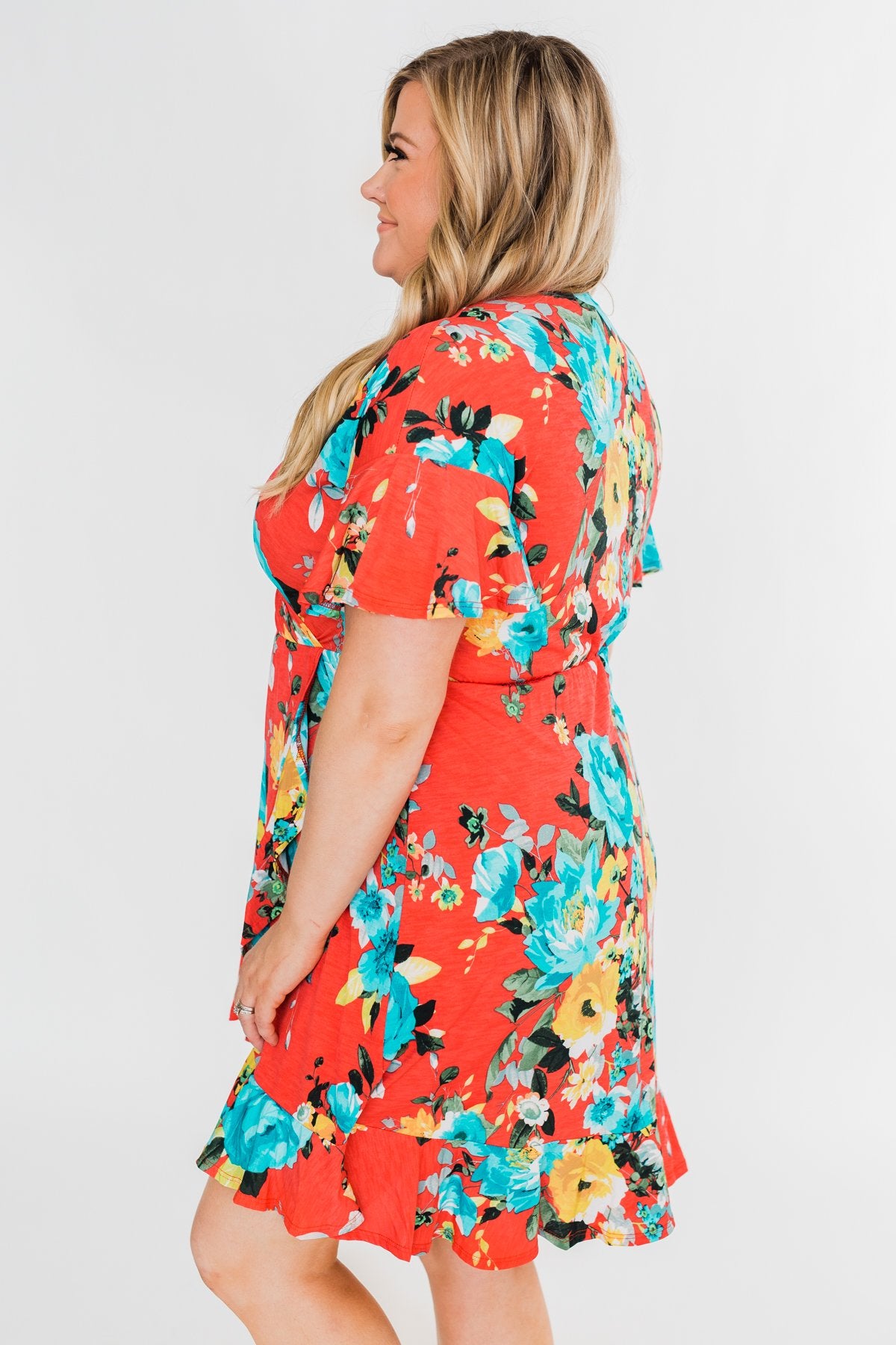 Time To Twirl Floral Ruffle & Wrap Dress- Deep Coral