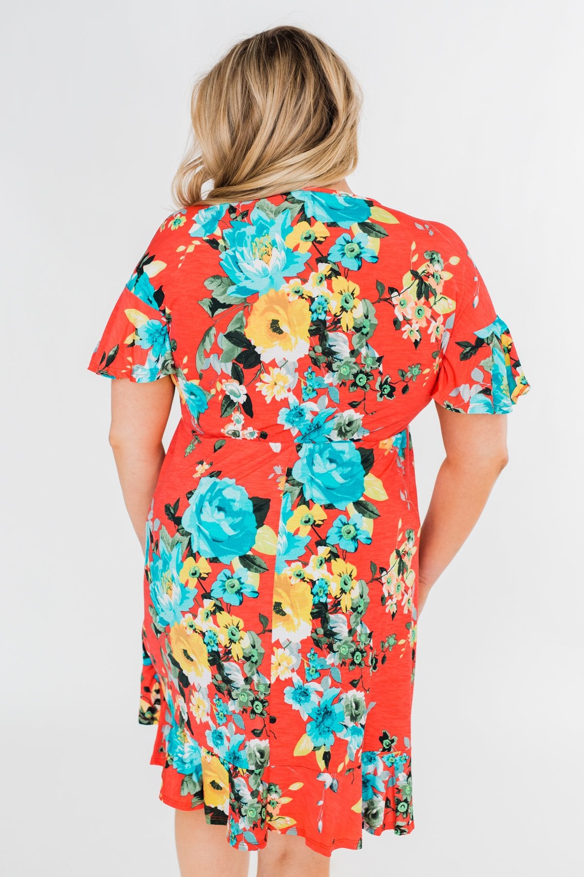 Time To Twirl Floral Ruffle & Wrap Dress- Deep Coral