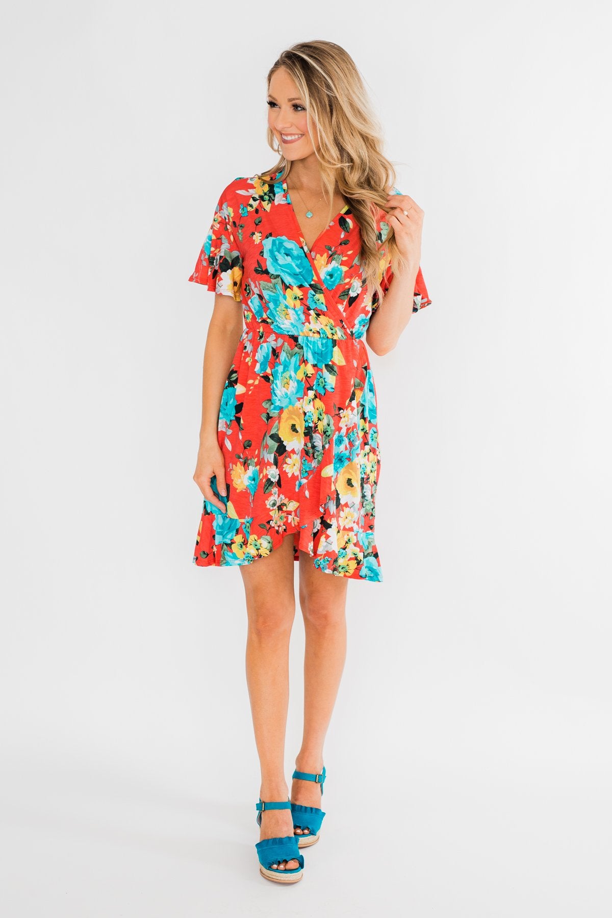 Time To Twirl Floral Ruffle & Wrap Dress- Deep Coral