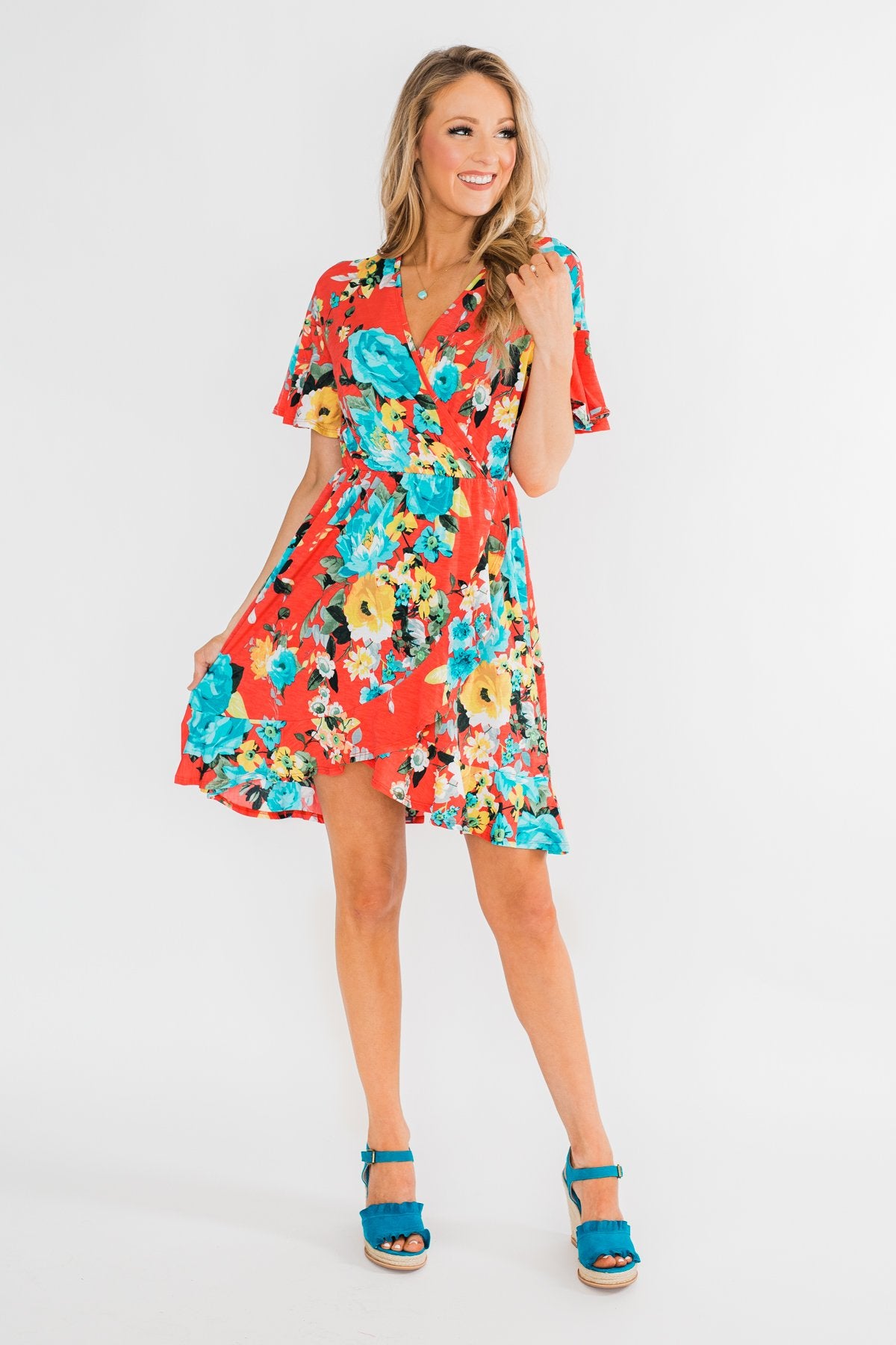 Time To Twirl Floral Ruffle & Wrap Dress- Deep Coral