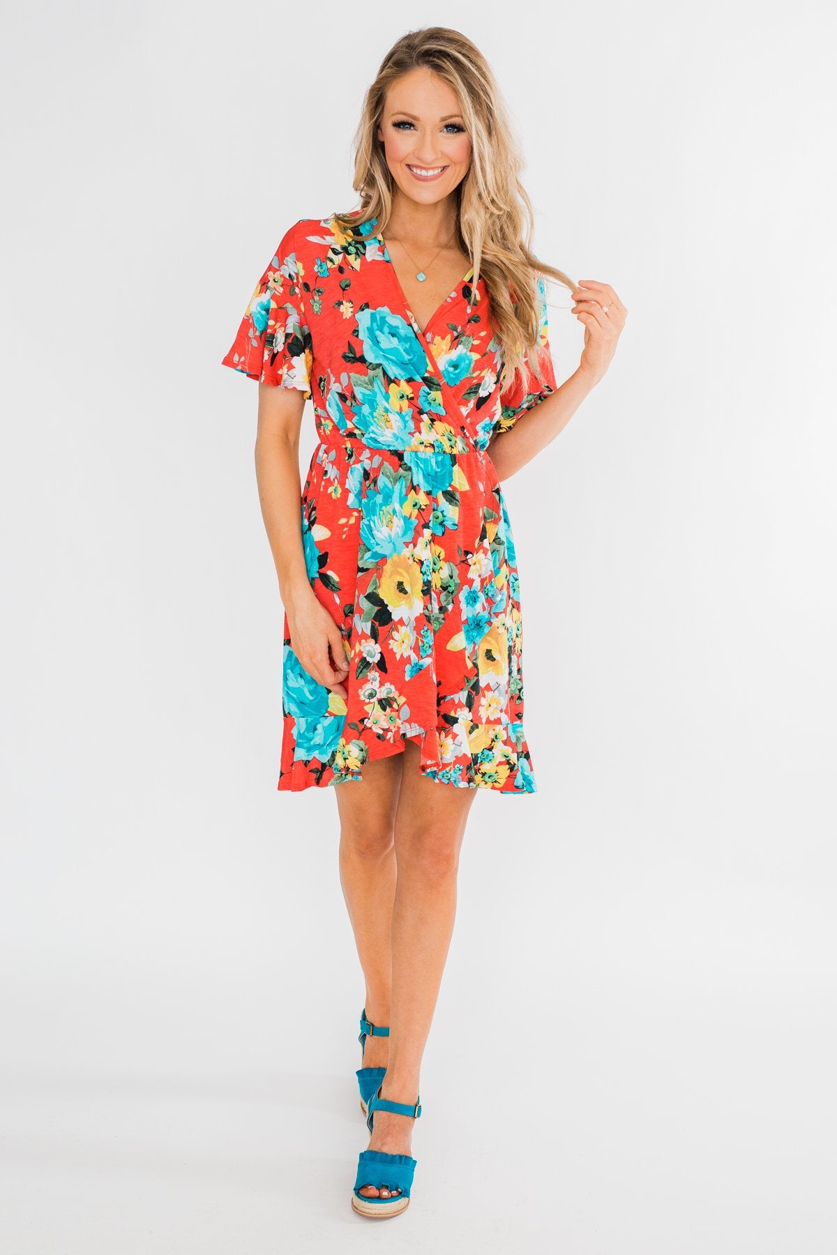 Time To Twirl Floral Ruffle & Wrap Dress- Deep Coral